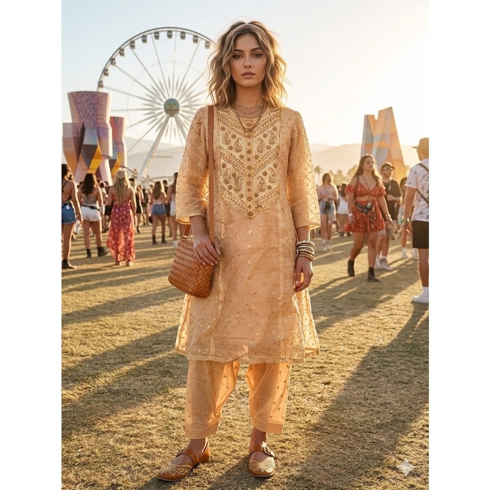 Salwar Kameez Embroidered Tunic Pants Set Peach Gold Small Boho Ethnic Paisley